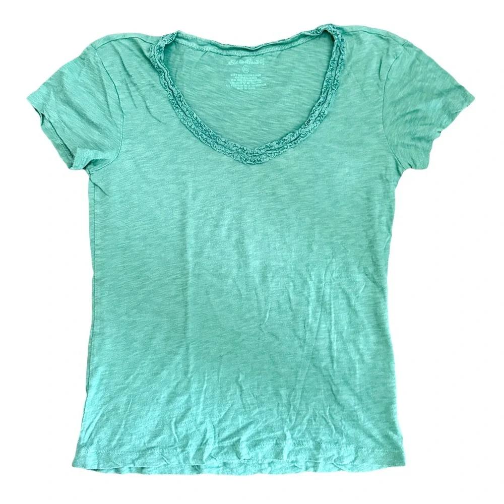 EDDIE BAUER 90’S EMBELLISHED NECKLINE TEAL TEE SHIRT // SIZE XS🩵 - Picture 1 of 4